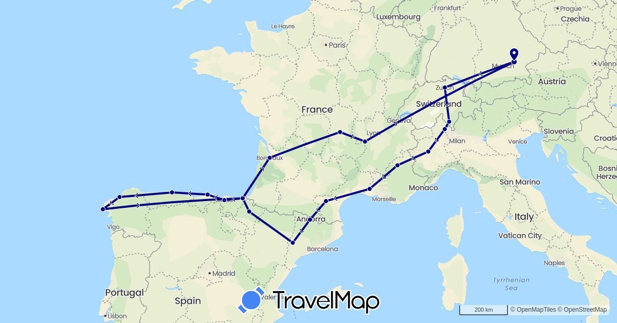 TravelMap itinerary: driving in Andorra, Switzerland, Germany, Spain, France, Italy (Europe)